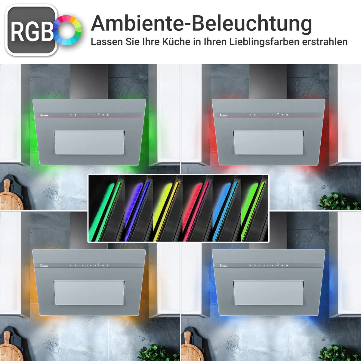 KKT KOLBE A+++ cappa aspirante 80 cm 782 cbm/h ricircolo aria di scarico senza testa | vetro grigio opaco | ricarica automatica | Smart WiFi App Wi-Fi | SensorTouch | Illuminazione LED RGBW |
