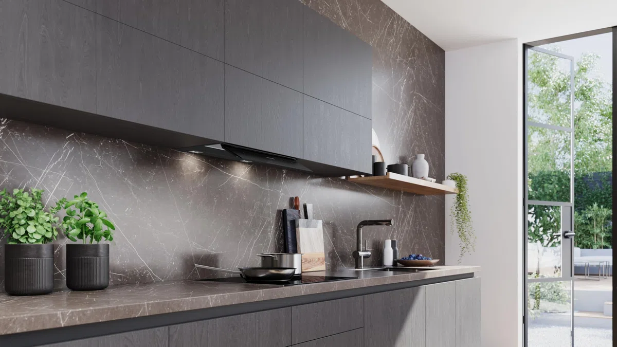 iQ500, cappa di design integrato, 60 cm, vetro trasparente nero stampato, nero opaco, LJ67BDP60