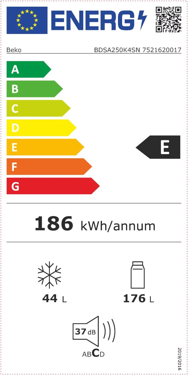 Beko BDSA250K4SN b100 - Frigorifero/congelatore integrabile, capacità 220 l, raffreddamento 176 l, congelamento 44 l, nicchia 145, tecnologia porta a traino, 37 dB, dispositivo da incasso, bianco
