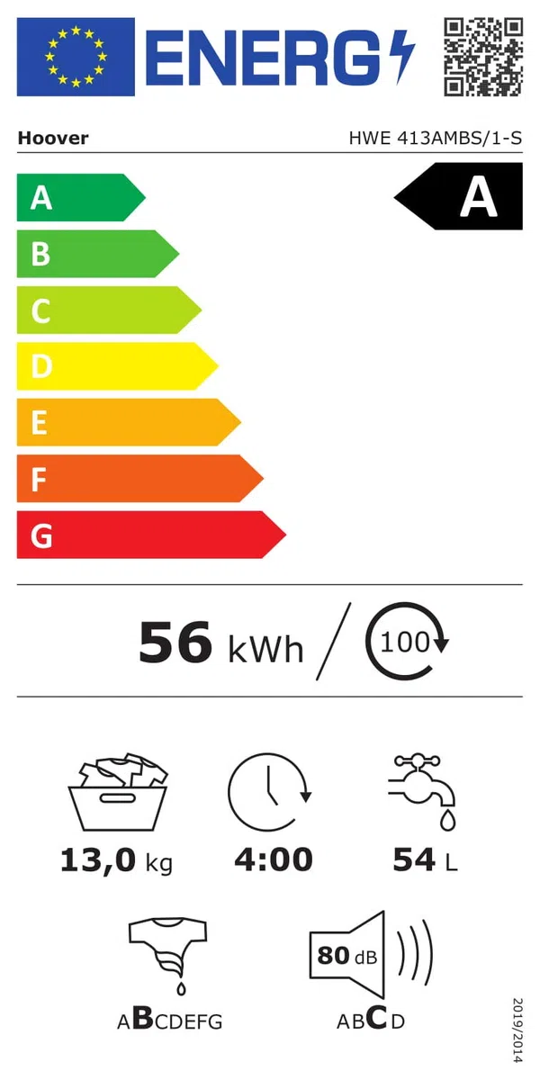Hoover HWE 413AMBS/1-S Lavatrice 13 kg Centrifuga 1400 Giri/min Motore inverter Funzione Vapore Classe energetica A