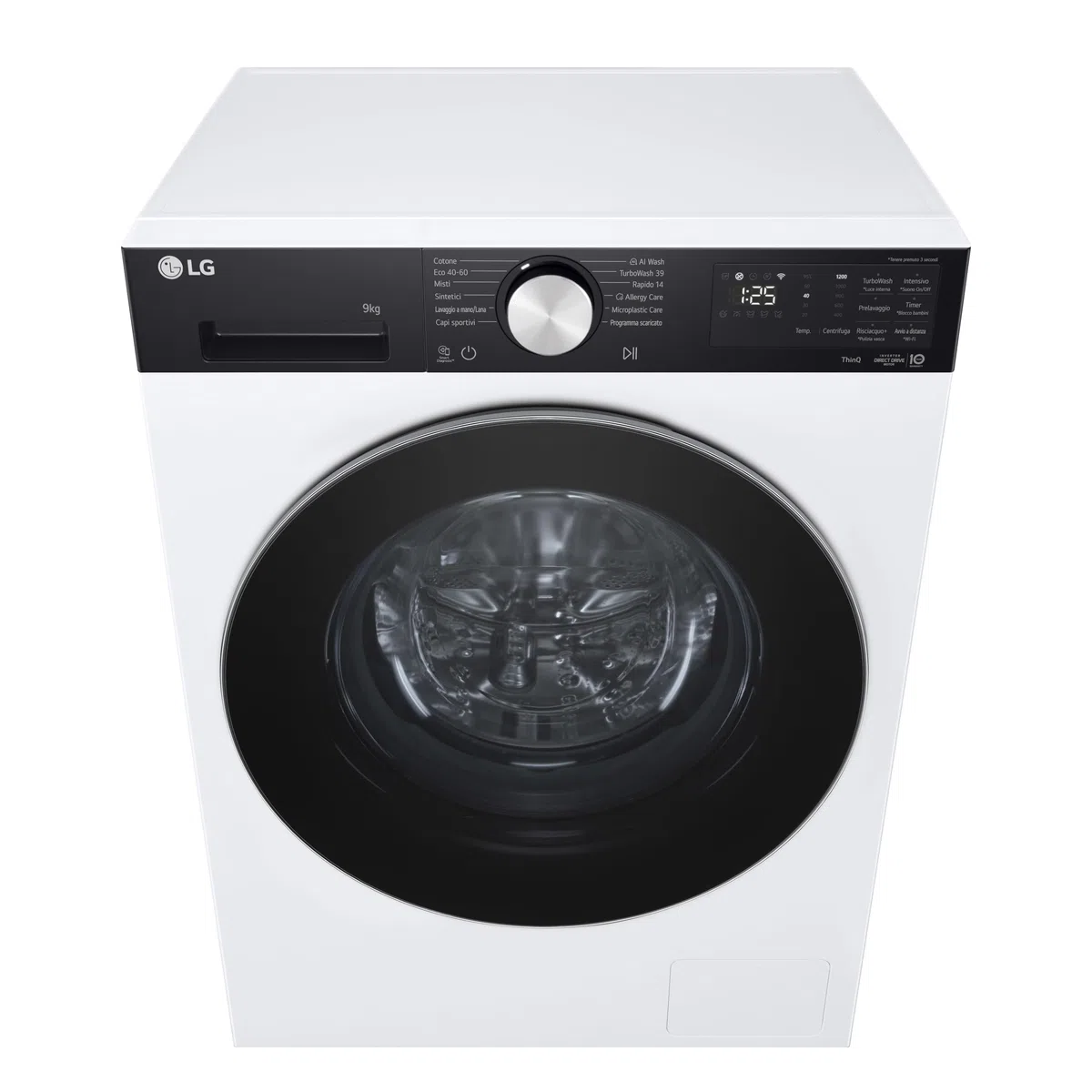 LG F2NX50S9TKC Lavatrice Slim 9 kg Next AI DD, Classe A -30%, 1200 Giri, Programma AI Wash con Intelligenza Artificiale, Wi-Fi, Allergy Care, TurboWash 360, Serie X5, White Black Pannel e Silver Knob