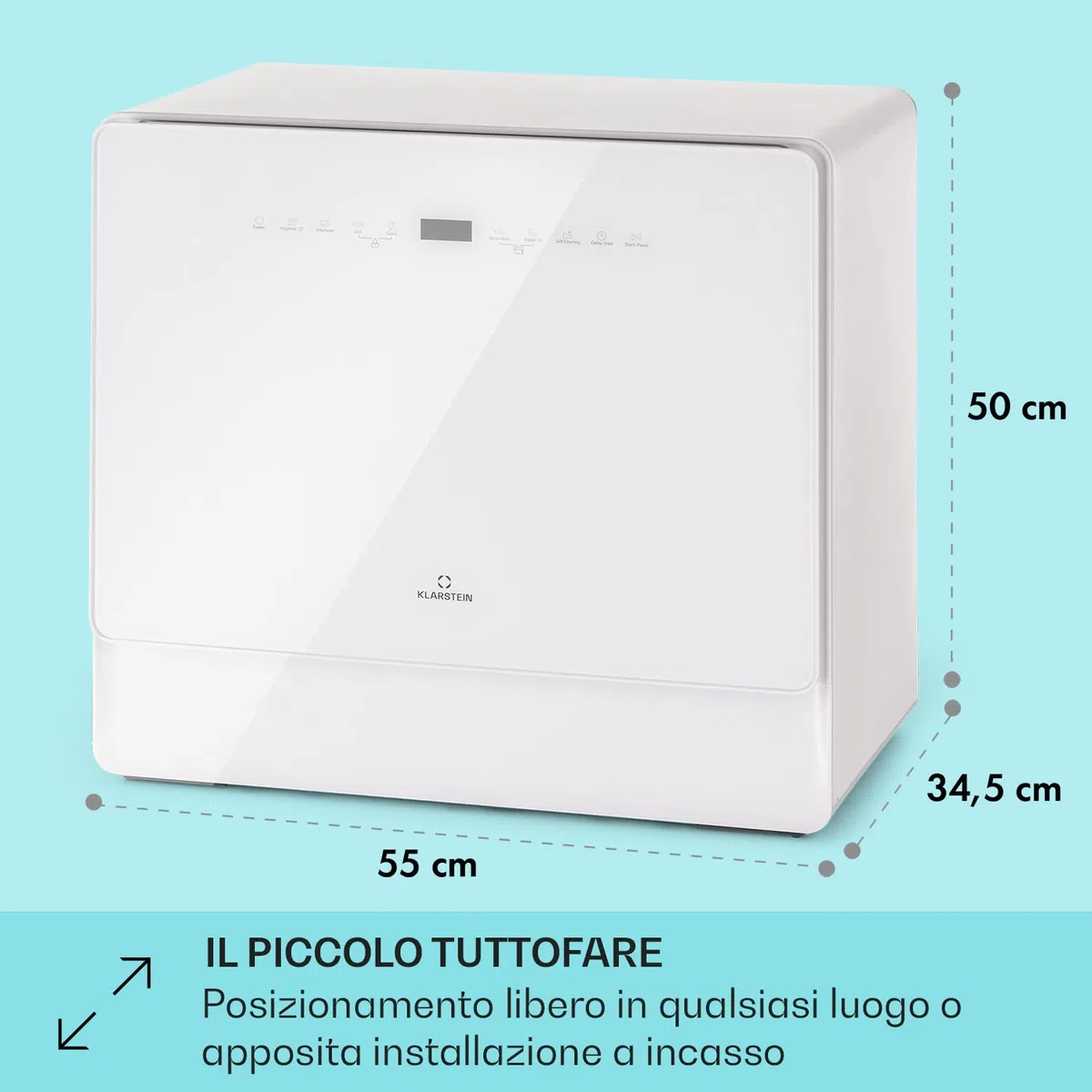 Klarstein Lavastoviglie 5 Coperti, Libera Installazione Silenziosa con 6 Programmi di Lavaggio, Piccola, Mini da Tavolo Compatta e Facile da Installare, Vetro, Bianco
