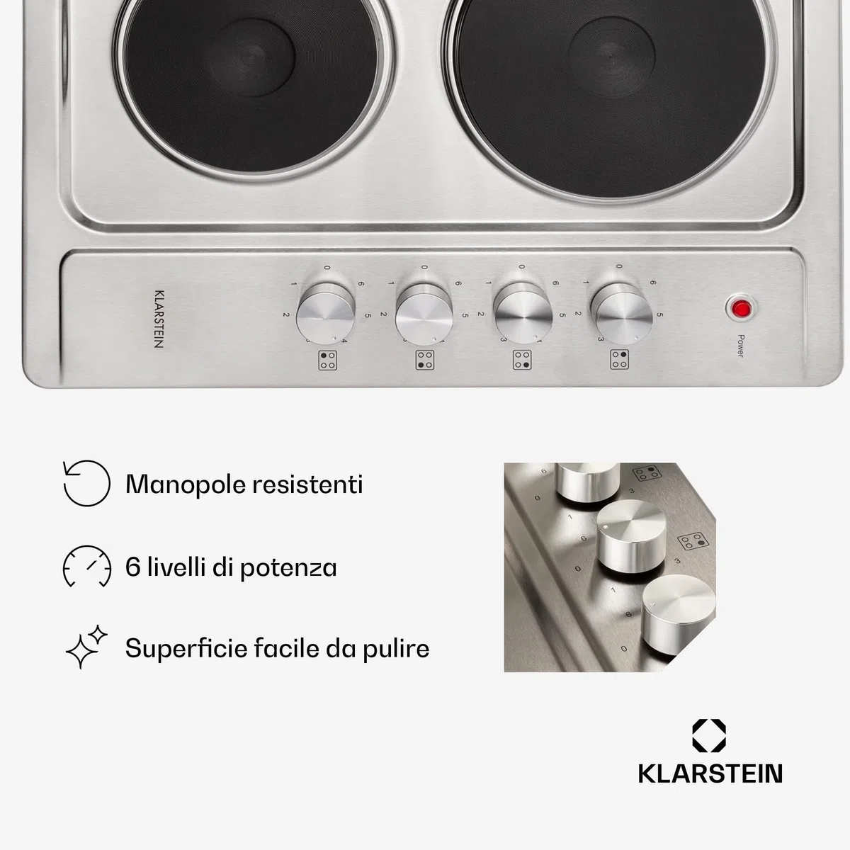 KLARSTEIN Appetito 4 - Piano Cottura a Incasso, 4 Piastre/Zone, 5500 Watt, Indicazione Calore Residuo, Manopole, 6 Livelli di Potenza, Elettrico, Acciaio Inox, Argento