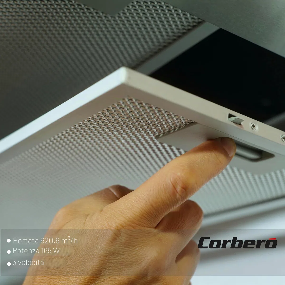 Corberó ANETO960X Cappa Telescopica Inox&Nero, 90 cm, Portata 600 m3/h, Potenza 165 W, 3 velocità, Filtro alluminio 3 strati, Filtro Carbon, Efficienza Energetica A