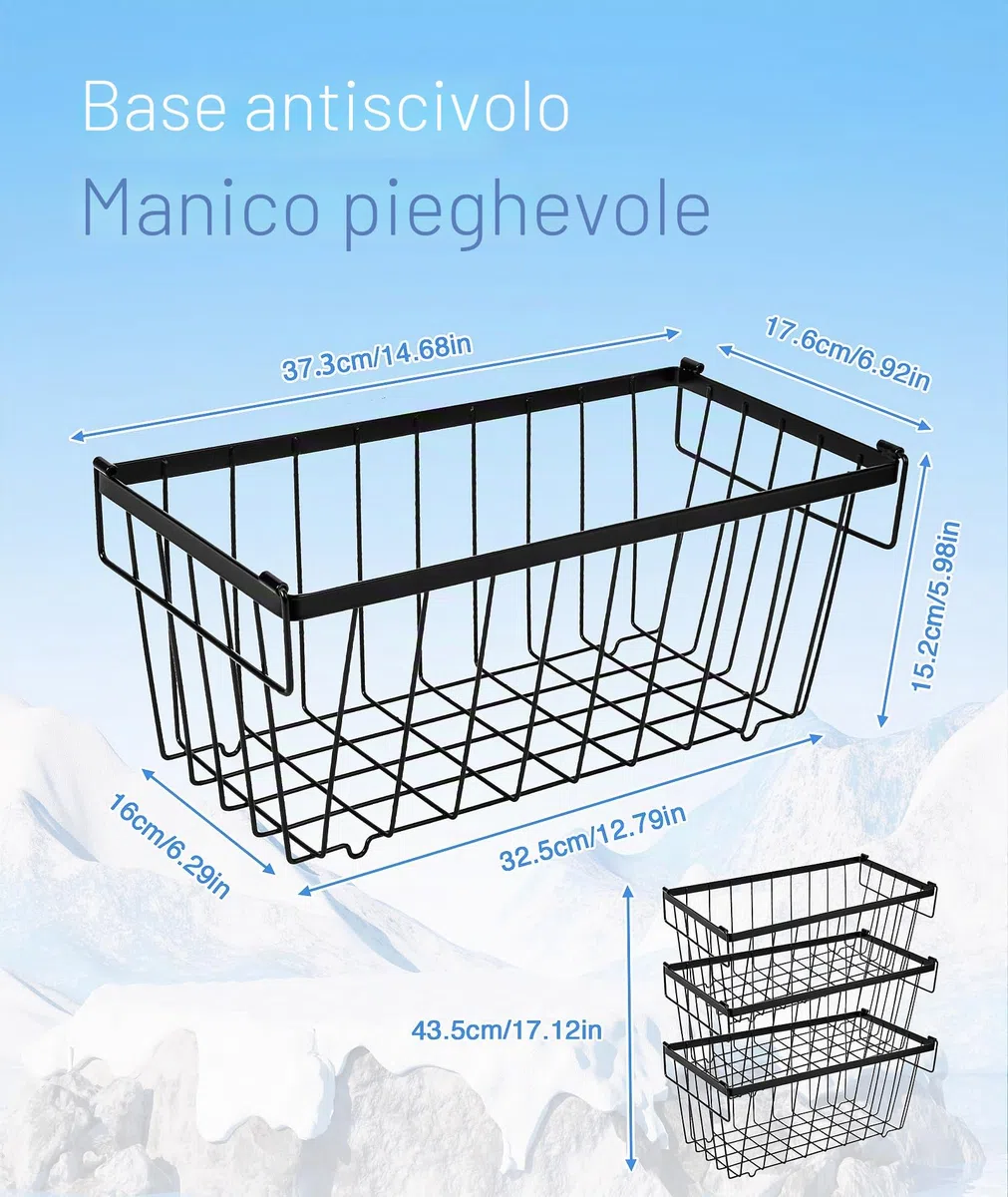 Set Da 4 Cestini Per Congelatore, Metallo Impilabile Cesto Portaoggetti Per Frigorifero Con Manici E Fondo Antiscivolo Adatto Per Mobile Frigorifero Da Cucina 37,3 x 18 x 15,6 cm