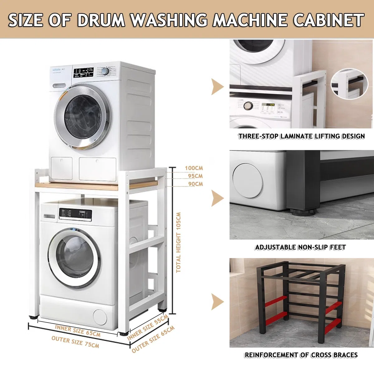 Supporto Asciugatrice Sopra Lavatrice Regolabile in Altezza per | Asciugatrice Regolabile Asciugatrice a Colonna Bagno Cucina Balcone Noce, Cornice Nera