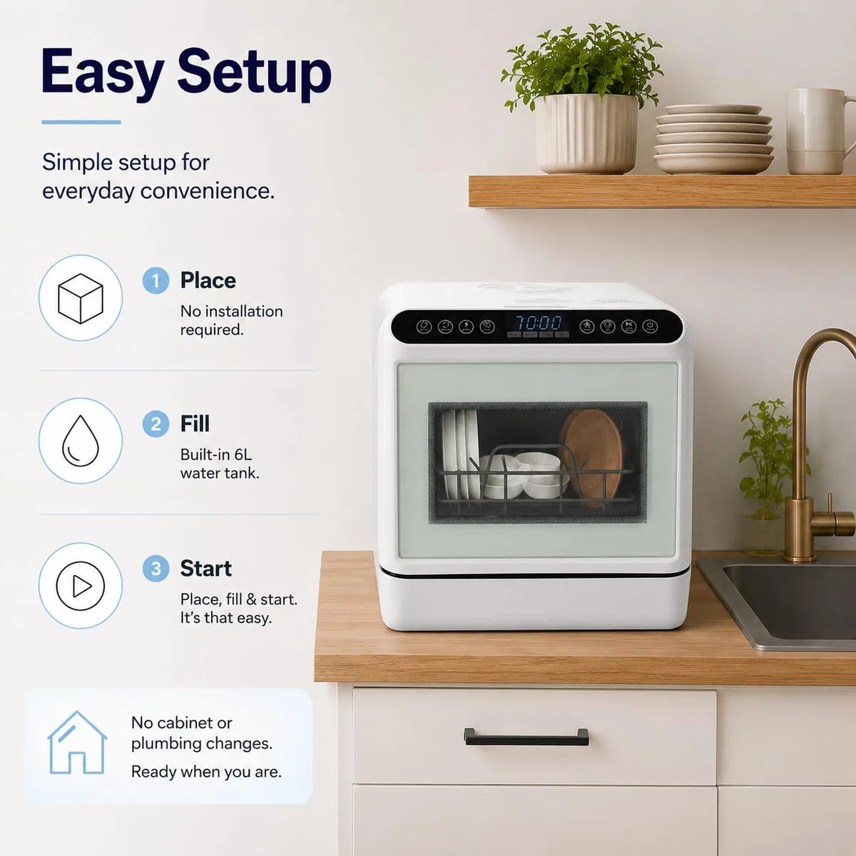 Lavastoviglie da tavolo per 4 – 6 coperti, 6 l, serbatoio dell'acqua integrato, mini lavastoviglie con senza collegamento dell'acqua, 4 programmi di pulizia, touch control e display a LED