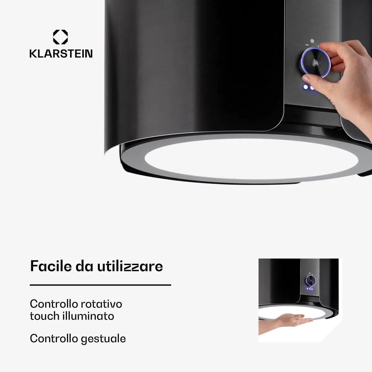 Klarstein Skyfall Smart - Cappa a Isola, Controllo Manuale o per App, 45 x 42 cm (ØxL), Sospesa, Ricircolo/Scarico, 3 Livelli, 402 m³/h, 200 W, Luce LED, Classe Energetica C, Nero