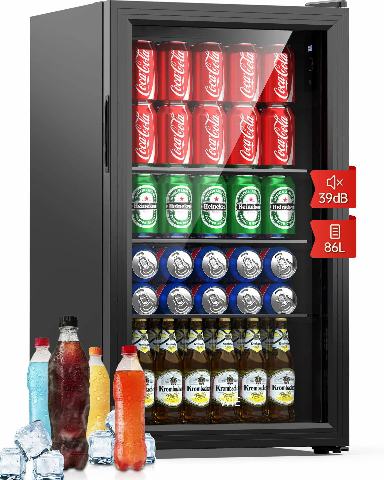 WIE Professional Mini Frigo per Bevande, Frigorifero per Bevande Con Porta in Vetro, 3 Ripiani Regolabili, Controllo Intelligente, Porta Reversibile, Perfetto per Casa/Bar/Ufficio/Hotel (Nero 86L)