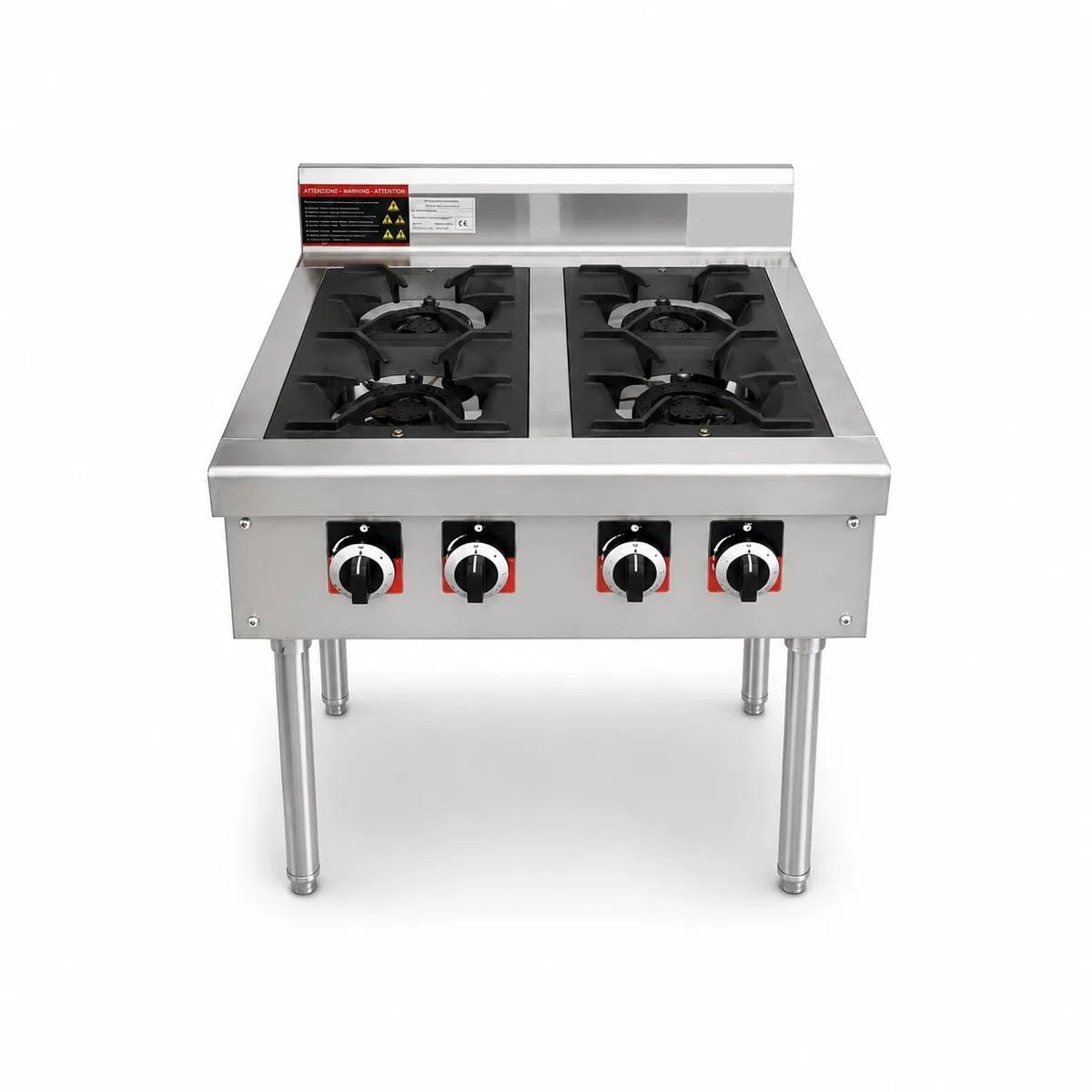 GreoShop Fornello Professionale a Gas 4 Fuochi in Acciaio Inox con Supporto regolabile in Altezza–Cucina Industriale per Ristoranti, Pizzerie e Catering, Bruciatori, Struttura Professionale