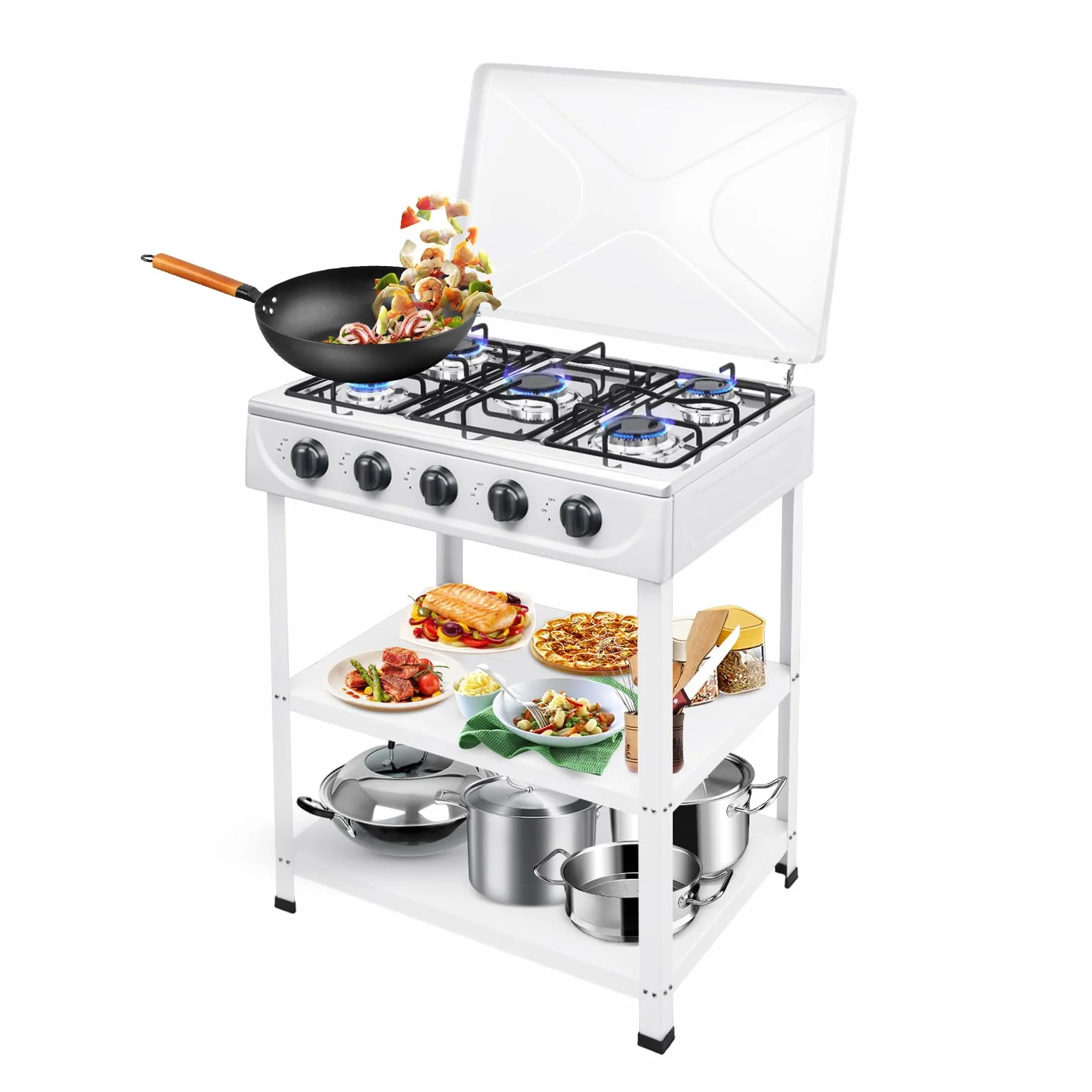 Fornello a gas a 5 fuochi, autoportante, fornello a gas, 5 fuochi, per campeggio, esterni, fornello a gas portatile per camper, con ripiani (bianco, cinque griglie)