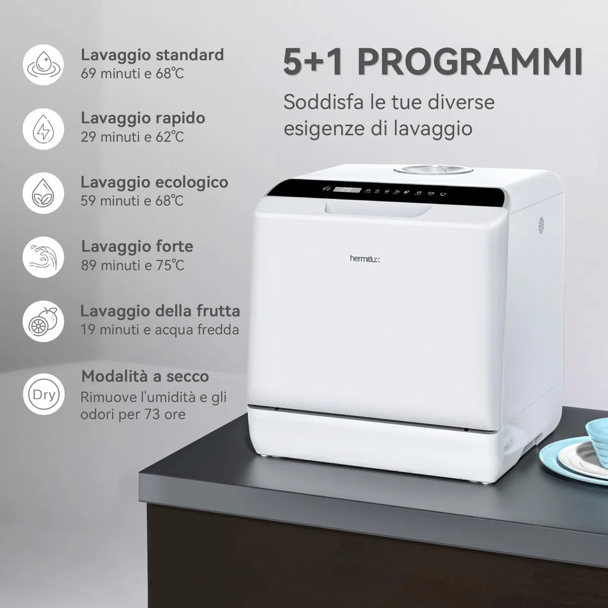 Hermitlux Lavastoviglie piccola con 4 Coperti, 6 Programmi lavastoviglie mini, Controllo touch, utilizzabile in Campeggio, Cucina, Ufficio, Bianco
