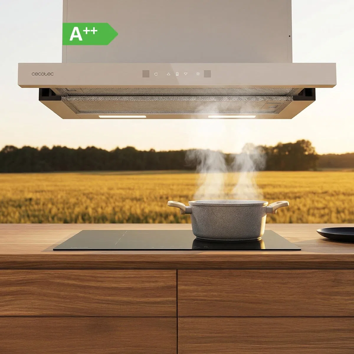 Cecotec Cappa Aspirante Telescopica Bolero Flux TLT 605501 Glass White A++, 60cm, 606,4m³/h Aspirazione, Classe A++, Controllo Touch Invisibile, Hand Movement Control, Booster, Filtri Lavabili