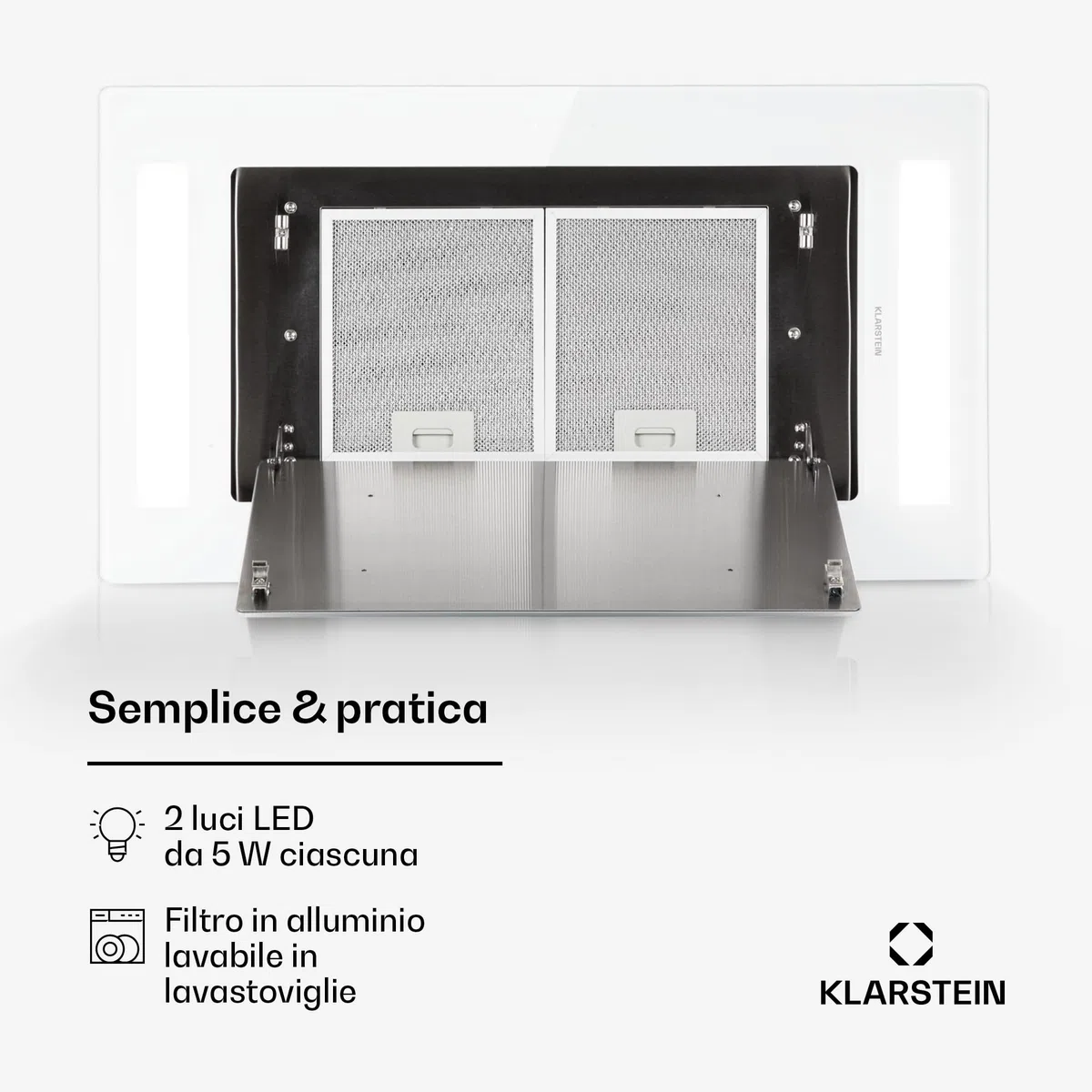 Klarstein Remy - Cappa Cucina, Cappa Aspirante ad Incasso, Controllo Touch, Cappa ad Isola, Illuminazione Piano Cottura, LED, Fino a 620 m³ / h, Telecomando, 90 cm, Bianco