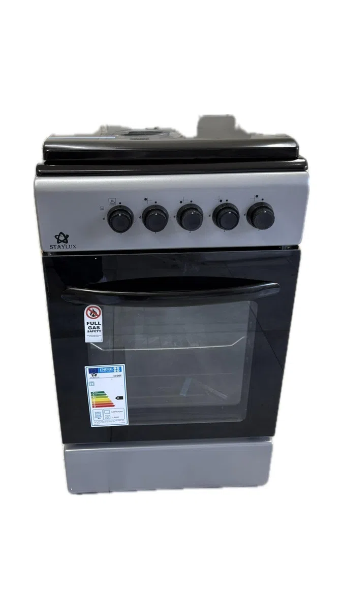 Cucina A Gas 4 Fuochi Con Forno A Gas 50 x 50 cm Colore Grigio e Nero Con Coperchio