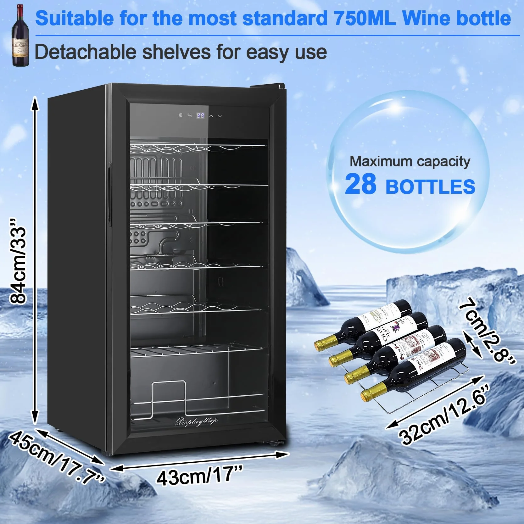 Display4top Frigorifero Cantinetta Frigo per Vini e bevande, Supporta 28 bottiglie, Porta in vetro temperato, termostato pannello touch(82L)