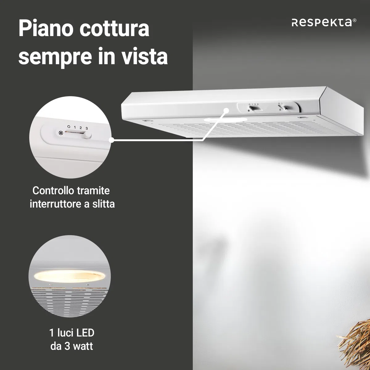 Respekta Cappa aspirante da incasso/cappa aspirante da incasso 50 cm/struttura in metallo/funzione di espulsione e ricircolo dell'aria / DH520WL / C / 52 – 68 dB