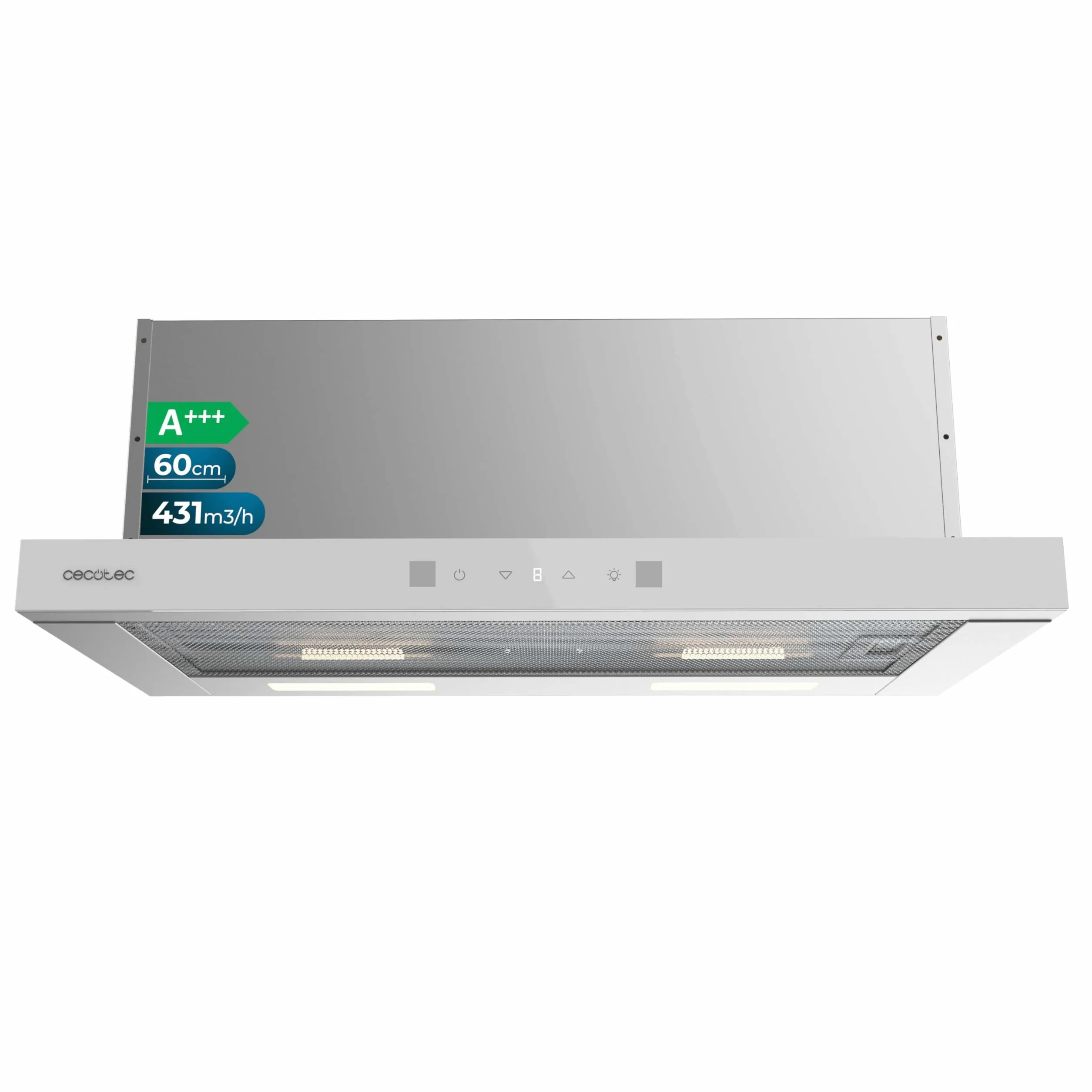 Cecotec Cappa Aspirante 60cm Telescopica Bolero Flux TLT 604400 Glass White A+++. Aspirazione 431,2m³/h, Basso Consumo, Motore DC, Controllo Movimento e Touch, Vetro Frontale Bianco, Acciaio Inox