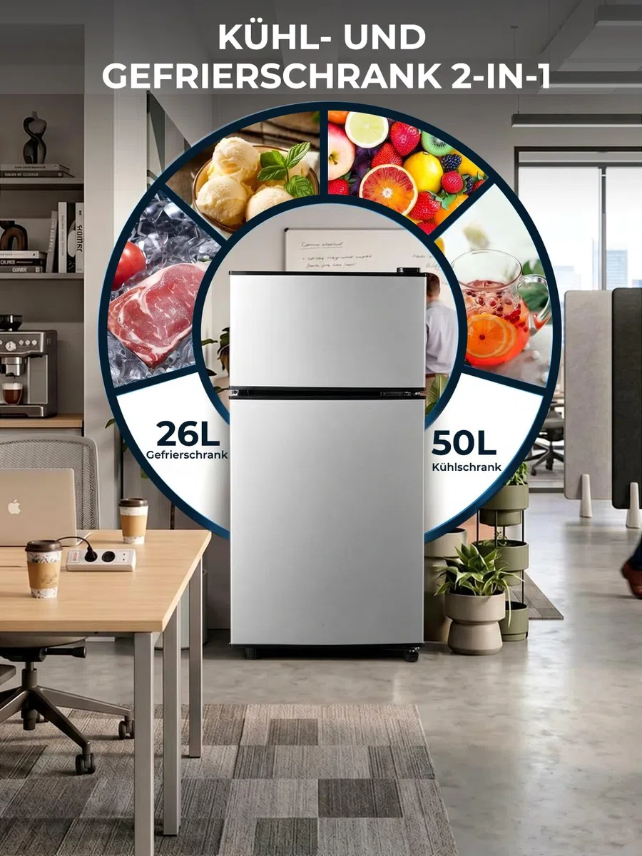 FOHERE Mini Frigorifero con Congelatore 76L, Frigo Piccolo Doppia Porta Silenzioso (50L+26L) per Camera da Letto e Monolocale, Mini Bar per Bevande e Gelati a Risparmio Energetico, 43dB