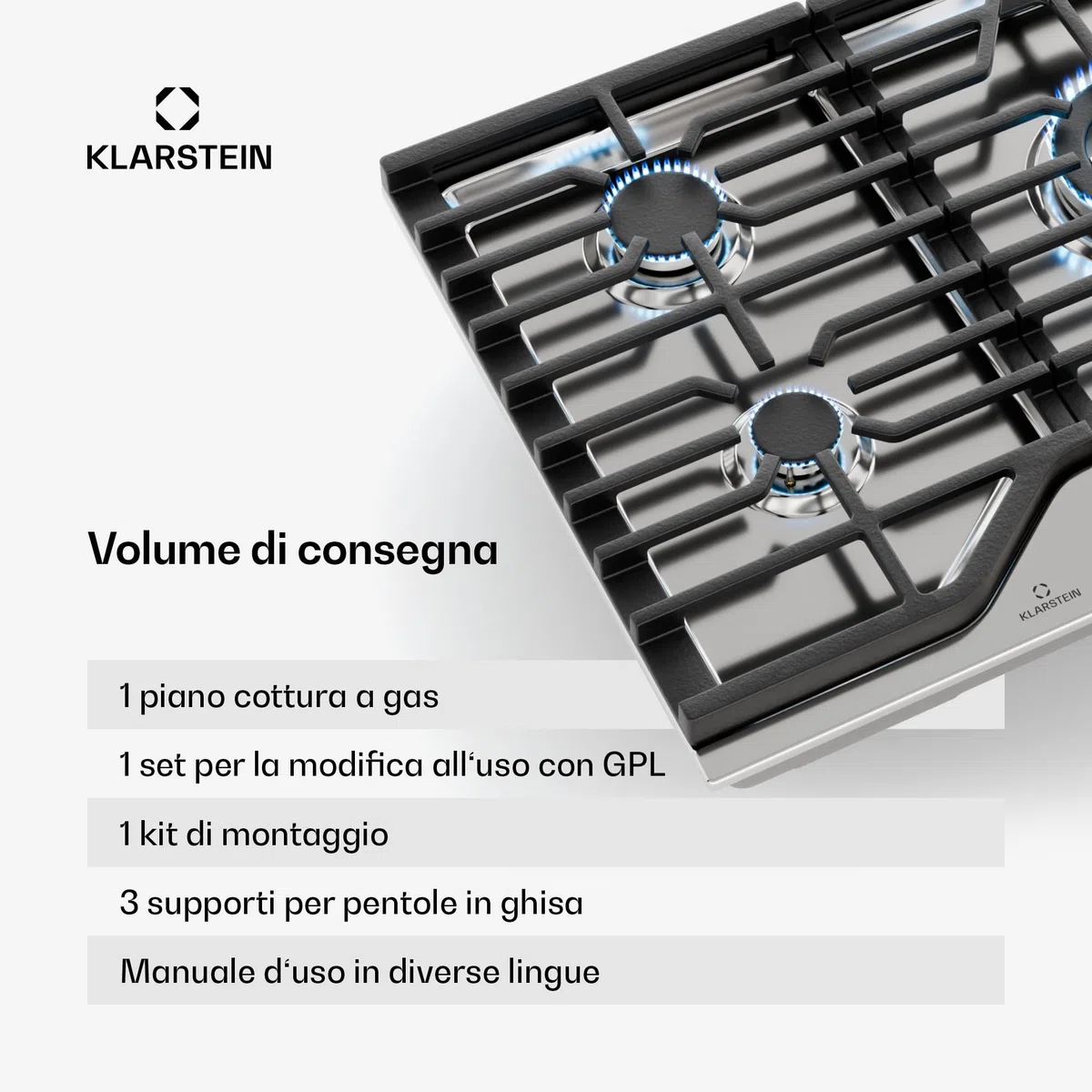 Klarstein Turbocast - Piano Cottura a Gas, 5 Bruciatori, Acciaio Inox 304, Wok: 3,4 kW, GPL, Accensione Elettrica, Supporti in Ghisa, Kit di Conversione Incluso, 910x85x510 mm