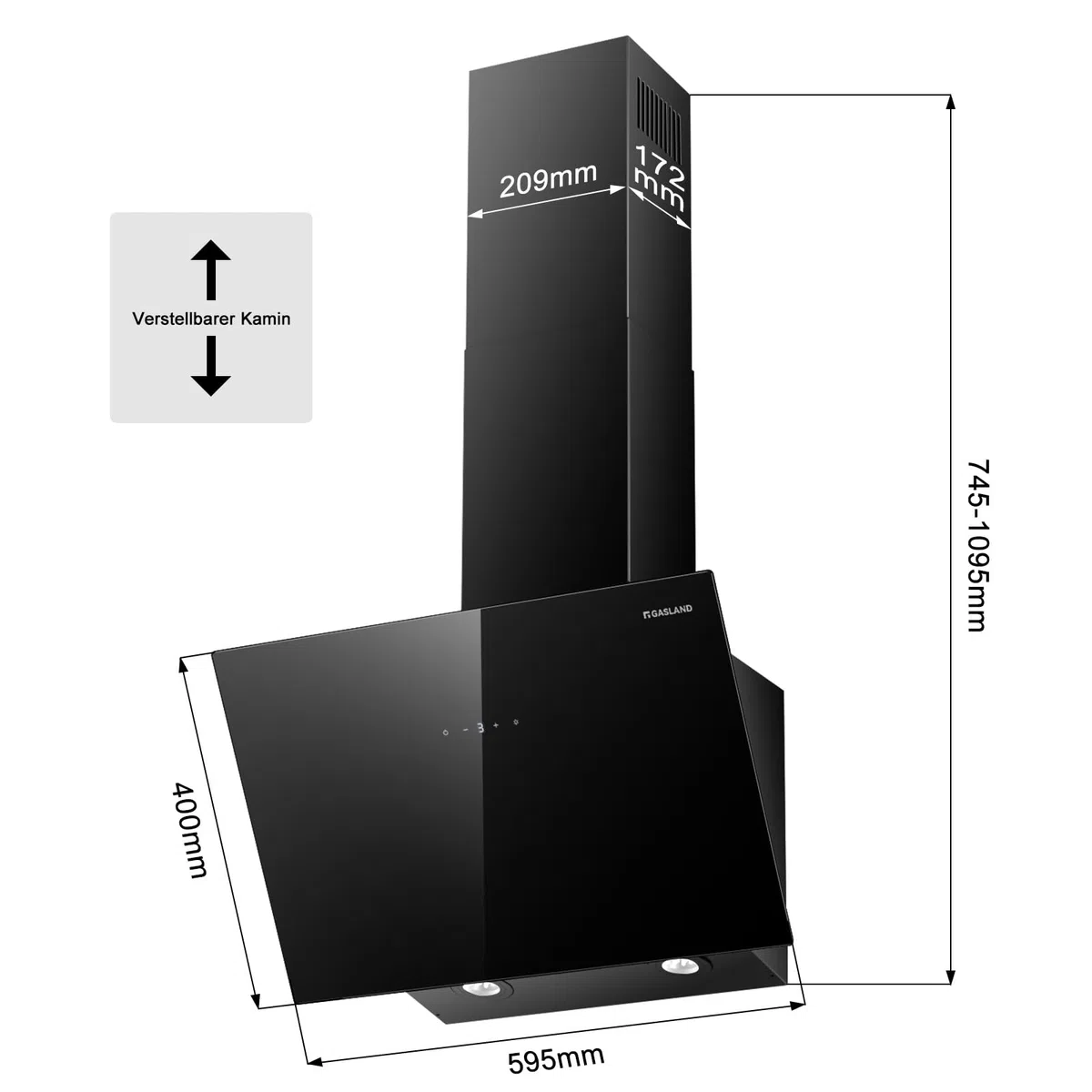GASLAND AR60BS Cappa Aspirante Inclinata 60 cm, Ricircolo e Scarico Esterno, 540 m³/h con Funzione Boost, Motore Silenzioso, Classe Energetica A++, Filtro ai Carboni Attivi Incluso, Vetro Nero