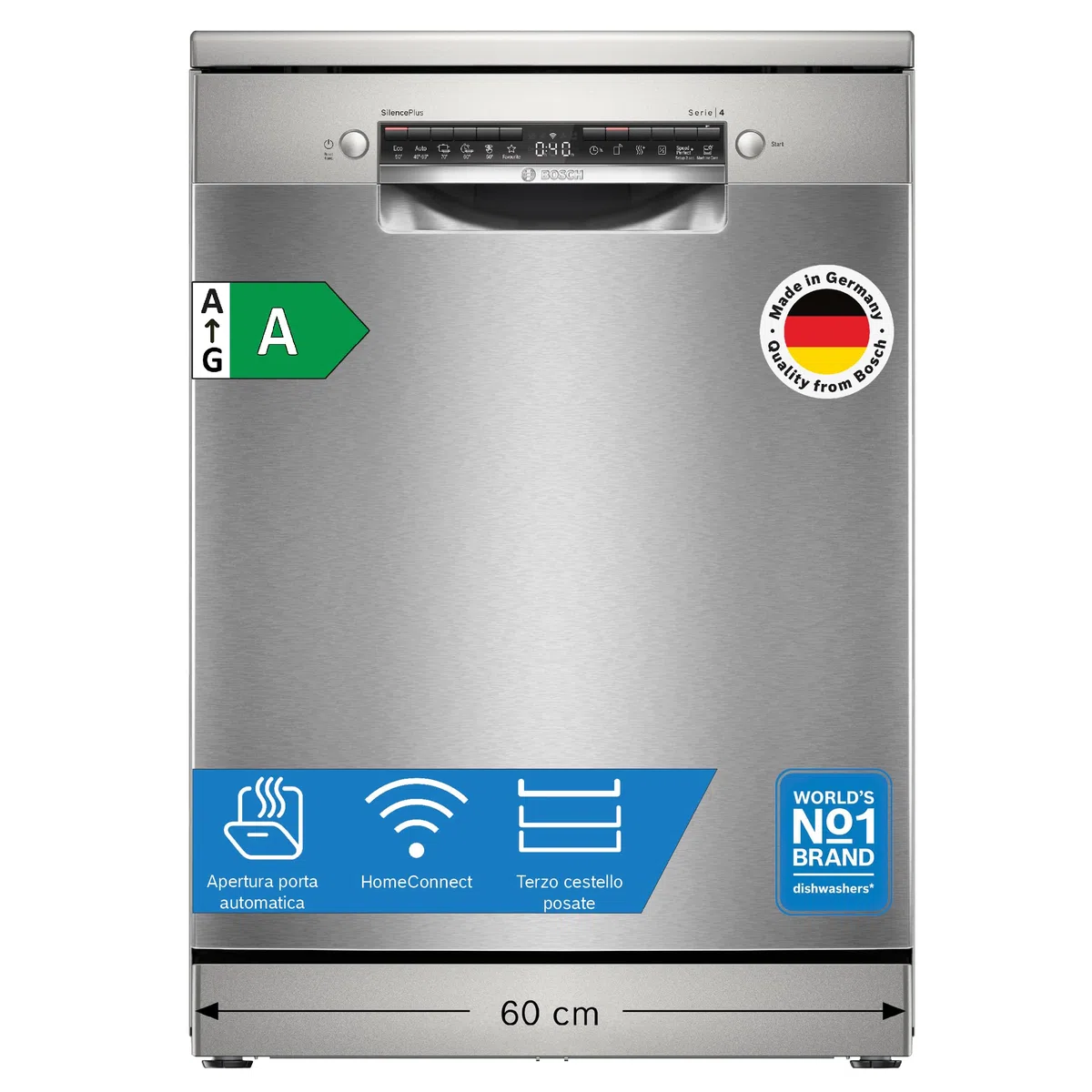 Bosch SMS4ECI28E Serie 4, Lavastoviglie da libera installazione, Home Connect, Diagnostica da remoto, Assistente al lavaggio, Green Collection, Acciaio, 60cm