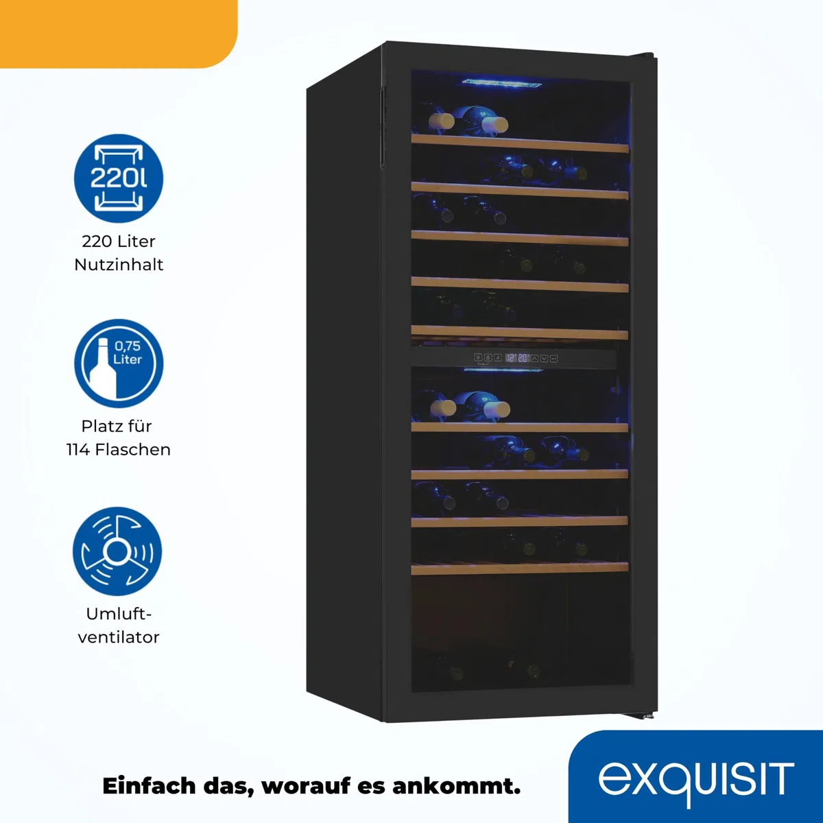 Exquisit Frigorifero per vino a 2 zone, spazio per 78 bottiglie, 194 litri, ventilatore a ricircolo, 9 ripiani in legno, display digitale della temperatura, WS2-78-GTE-160G nero