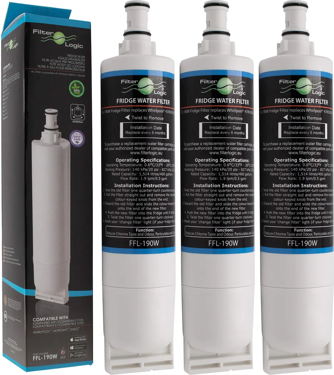 FilterLogic FFL-190W | 3x Filtro acqua compatibile con Whirlpool SBS200 484000008726 SBS002 - Hotpoint 46195027119 481248088024 - Wpro USC009 Clean Ice Water Filter Cartuccia frigorifero americano