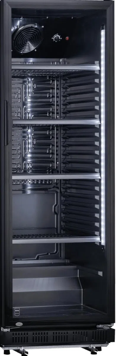 METRO Professional Frigorifero per bevande in acciaio/alluminio, porta in vetro con serratura e chiave, 4 ripiani regolabili, 180 W, illuminazione a LED (Nero, 347 L)