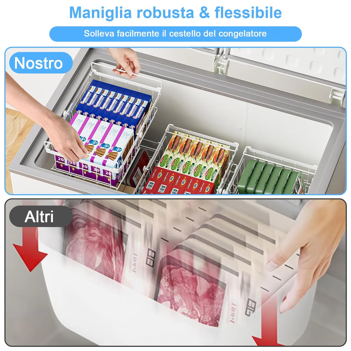 4 Pezzi Cestini Per Congelatore Lmpilabili in Metallo,Lunghezza Regolabile 29-45.5CM,Cestini Pieghevoli con Maniglie,per 140-570L Congelatore Verticale Congelatore da Incasso,Bianco