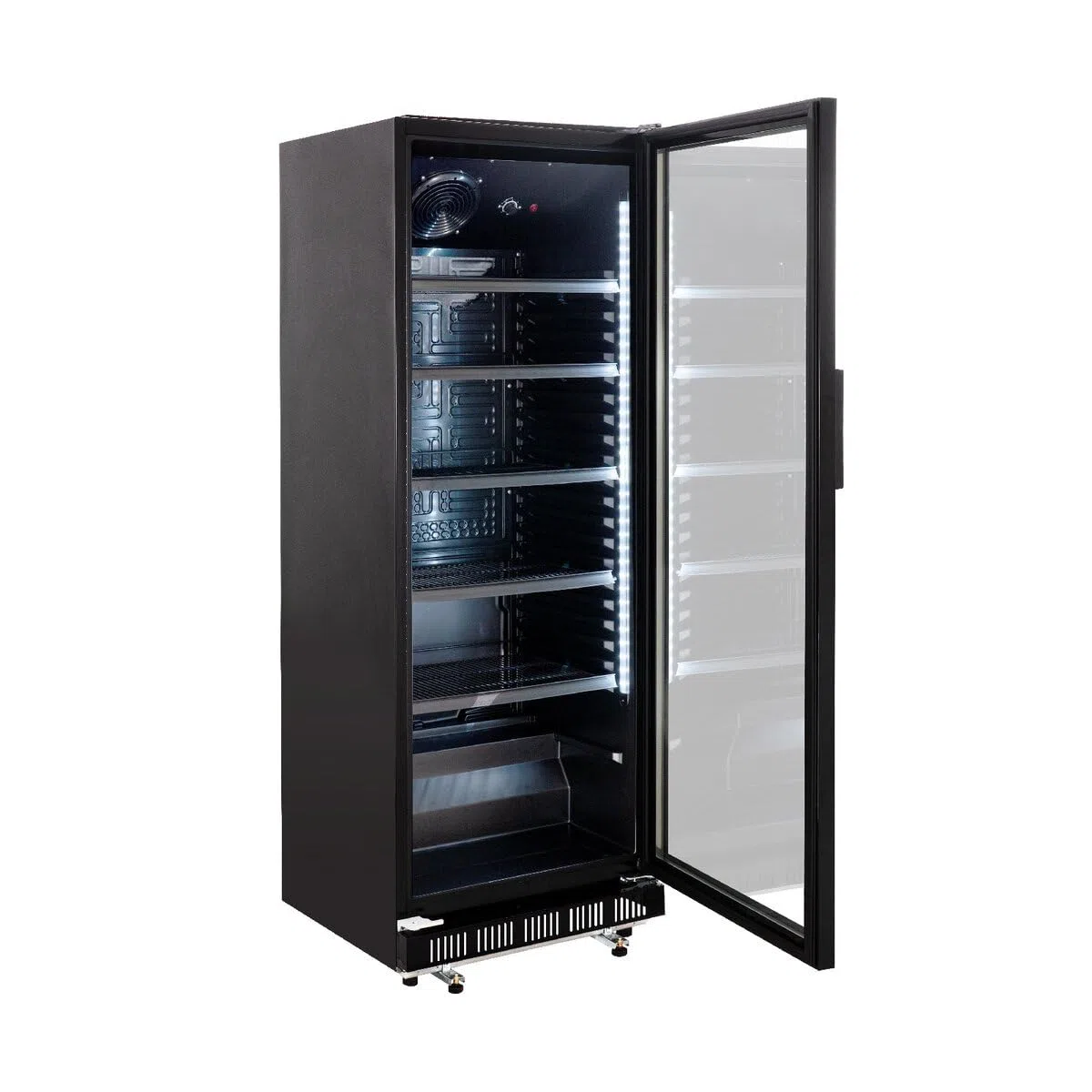 GastroHero Frigorifero per bevande GK-360BB per ristorazione, 4 ripiani regolabili, capacità refrigerante da 360 litri, frigorifero con porta in vetro, illuminazione interna, chiudibile, forniture per