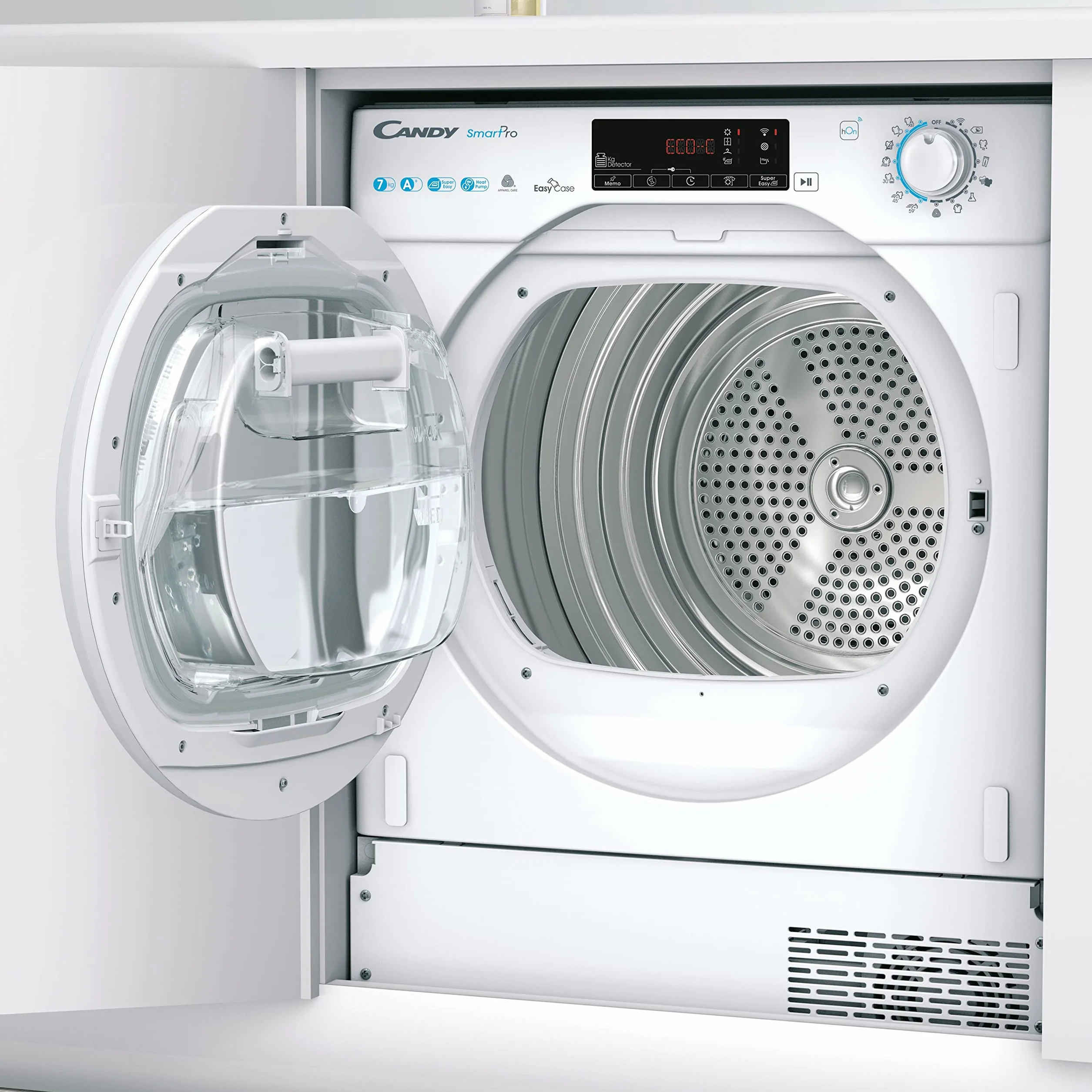 Candy Smart Pro Asciugatrice 7 Kg da Incasso, Pompa di Calore, Classe A+, Wi-Fi e BLE, Controllo da Remoto, Avvio Programmabile, Programma Stiro Facile, 60 x 46,5 x 85 cm, Bianca - BCTD H7A1TE-S