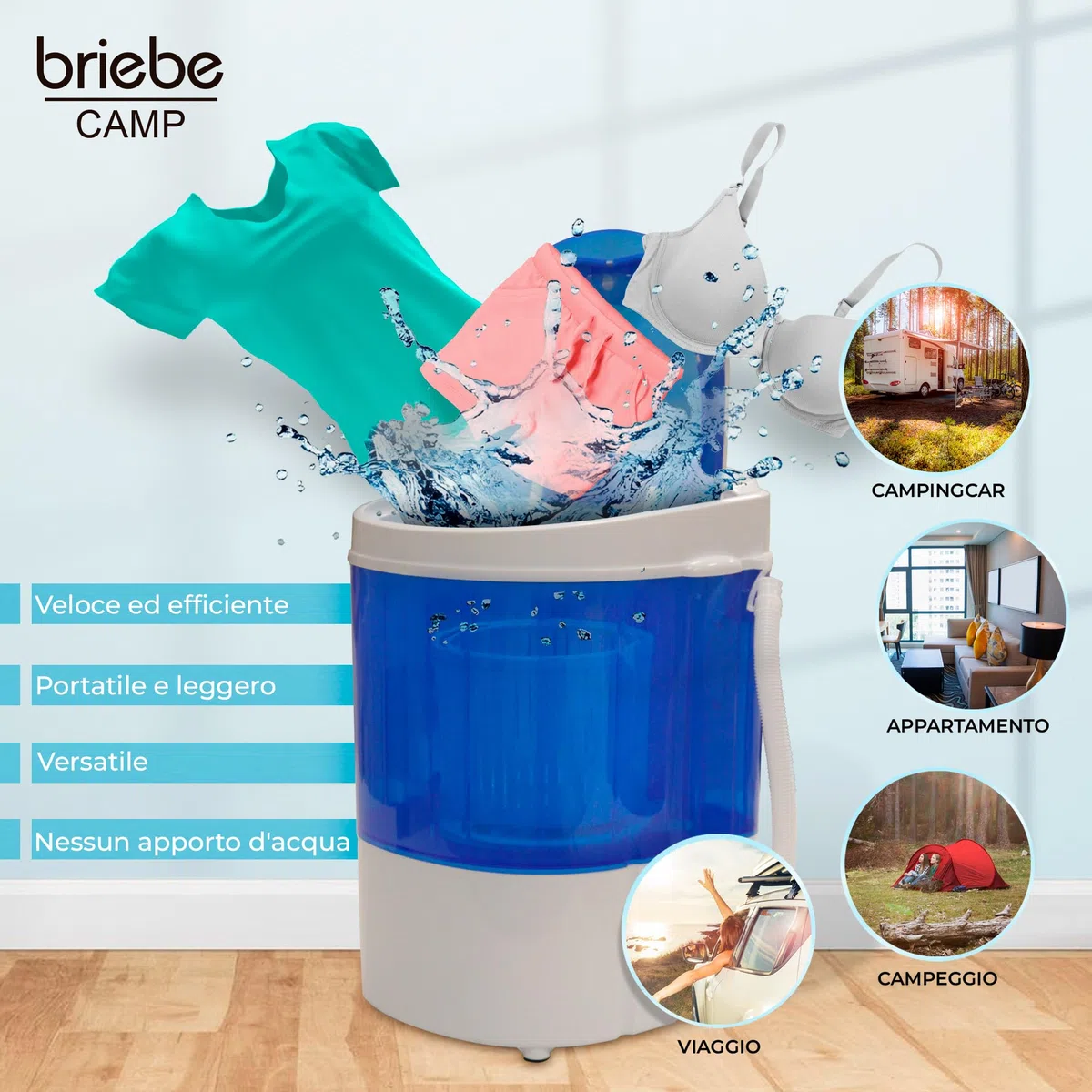 Briebe Camp Mini Lavatrice Portatile Con Centrifuga, Campeggio, Capacità Abbigliamento 3Kg, Ideale Viaggi e Camper, Carico Superiore, Basso Consumo Acqua ed Energia, WM1111