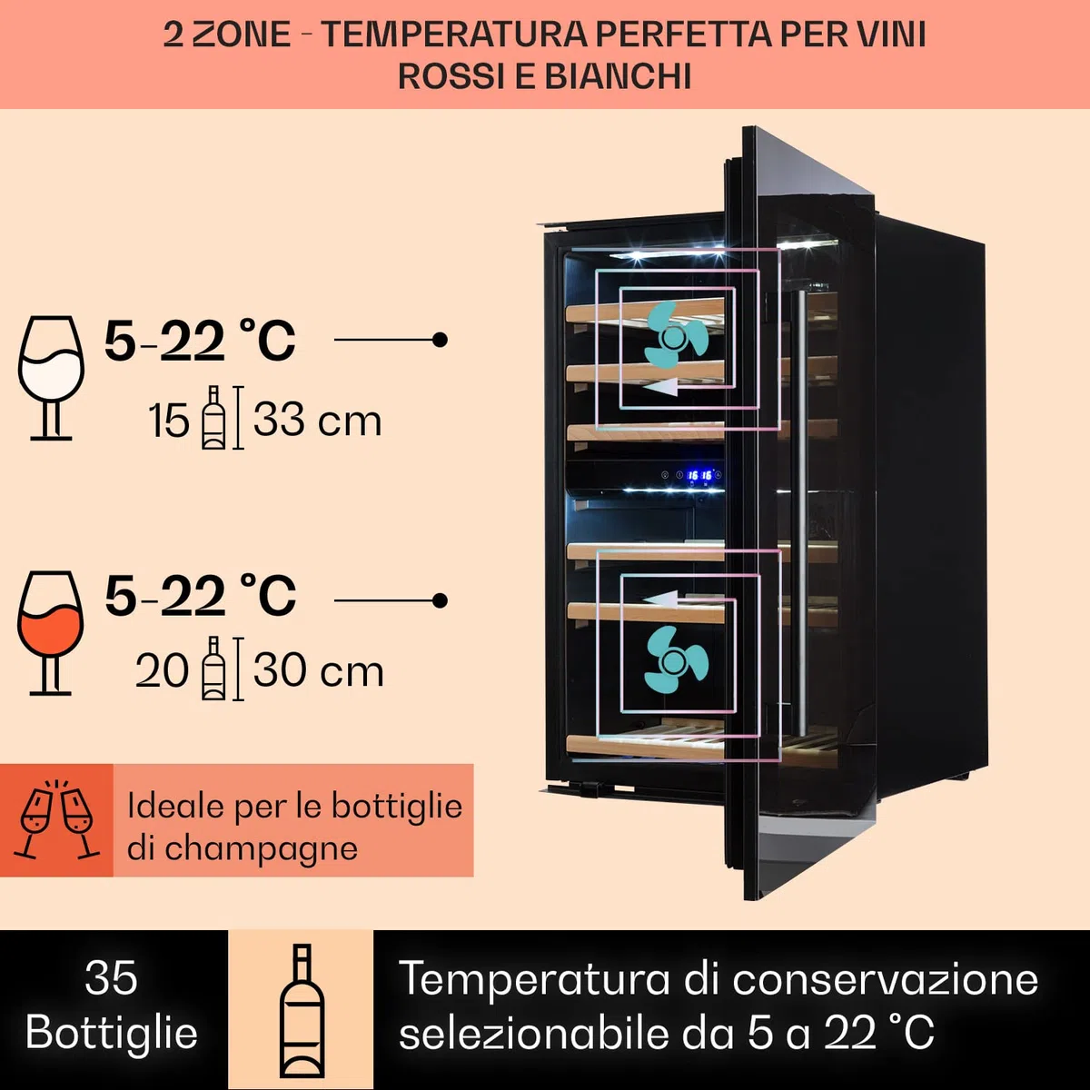 KLARSTEIN Cantinetta Vino Design da Incasso, Refrigerata a Zona Doppia per Vino Rosso, Bianco e Birra, Controlli Touch, Frigo per Esterno/Interno, 132L, 35 Bottiglie