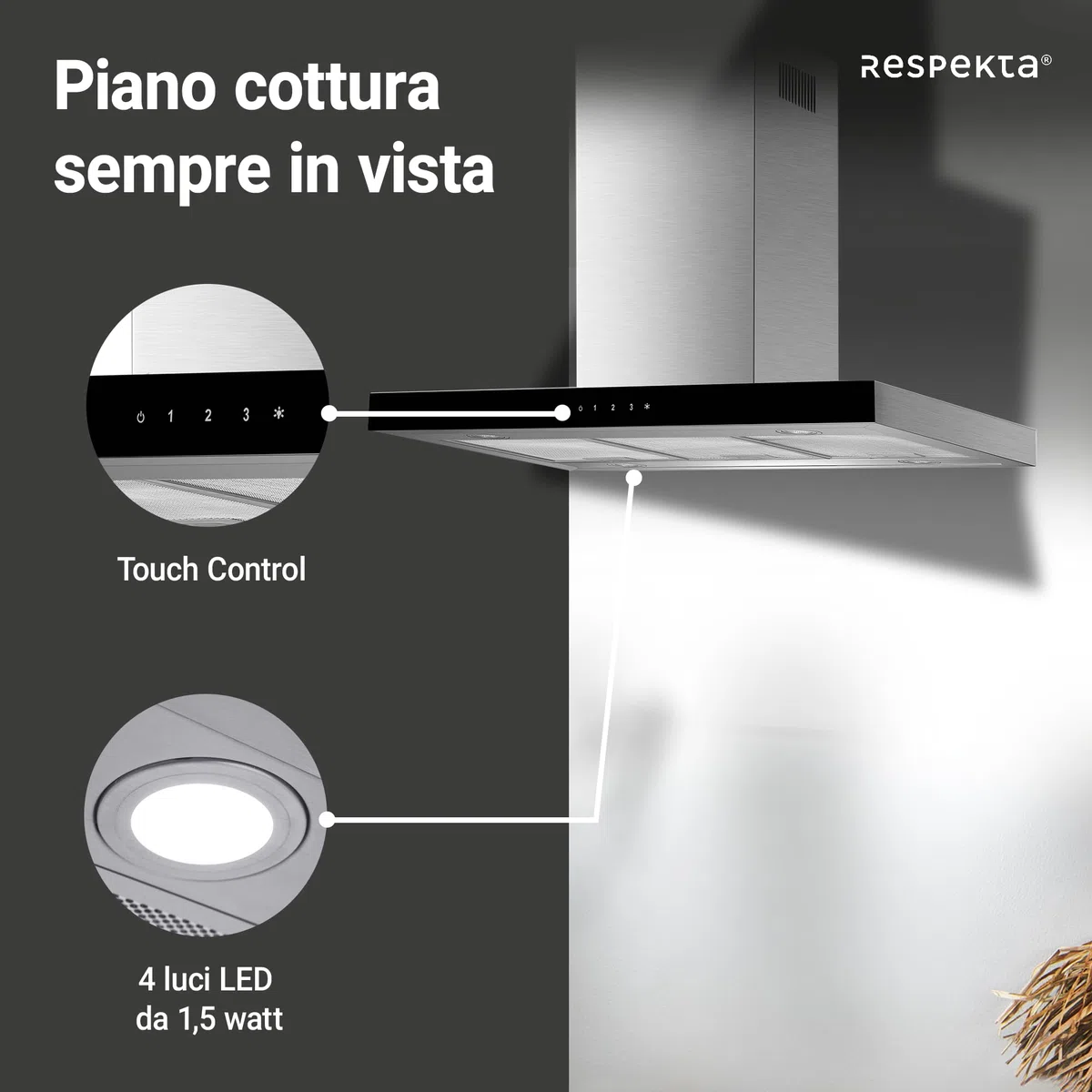 Respekta Cappa Aspirante, Cappa a Isola 90 cm, Struttura in acciaio inox con paralume in vetro Nero, Funzione di scarico e ricircolo d'aria, CH44099GISAM, A, 58–73 dB
