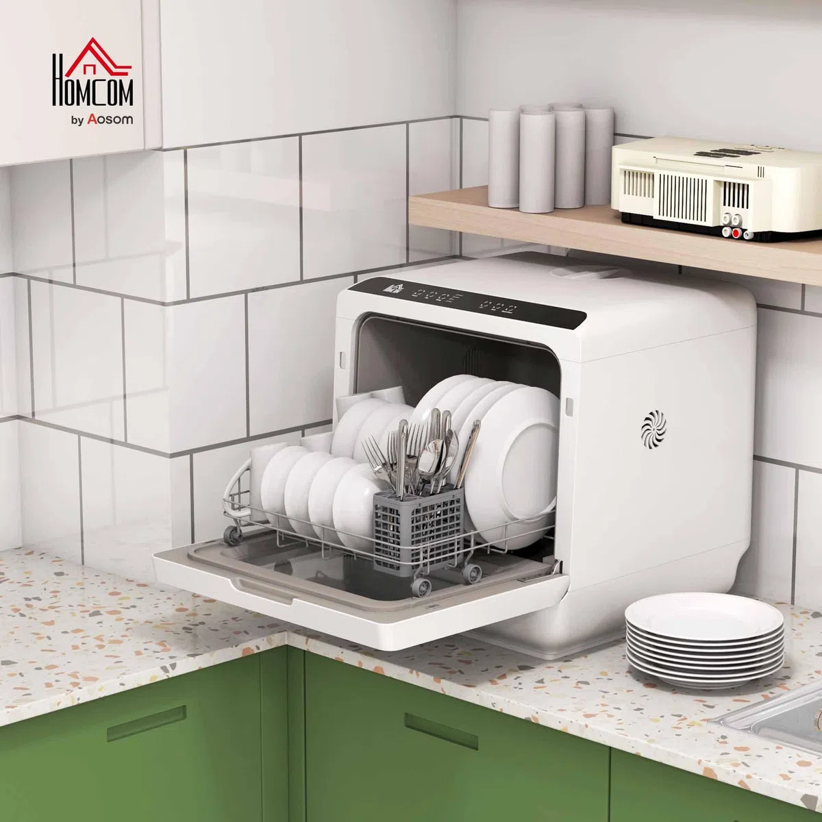 HOMCOM Mini lavastoviglie, lavastoviglie da tavolo, 5 programmi, doppia alimentazione dell'acqua e modalità di lavaggio della frutta, serbatoio dell'acqua da 6 L, comandi a sfioramento, display LED,