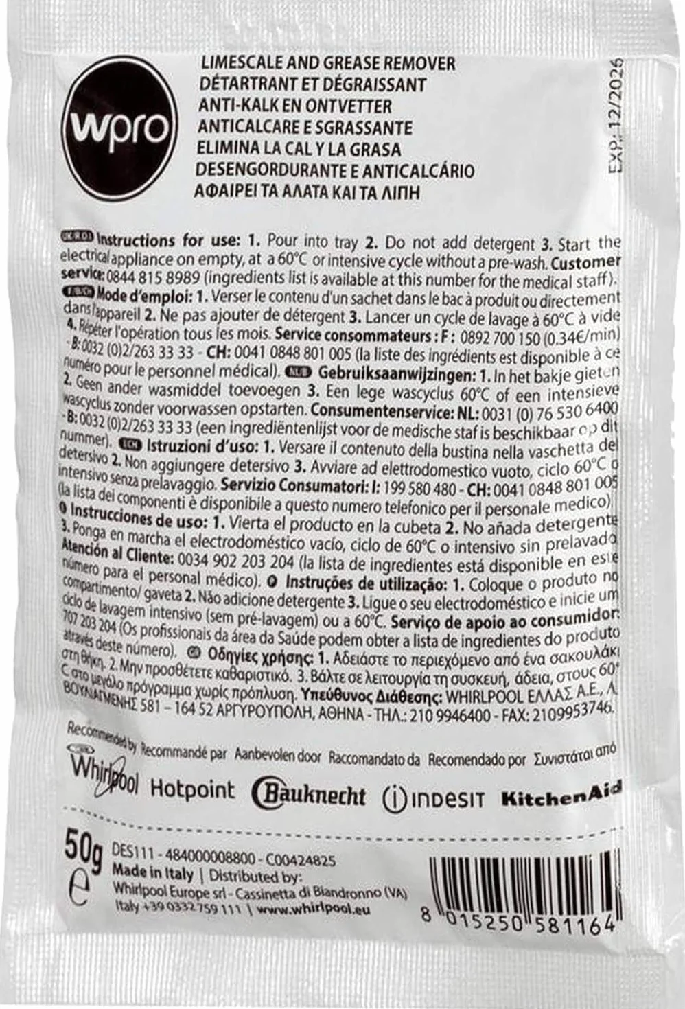Wpro universale lavatrice e lavastoviglie Disincrostatore e Grease Remover (48 x 50 g Bustine)