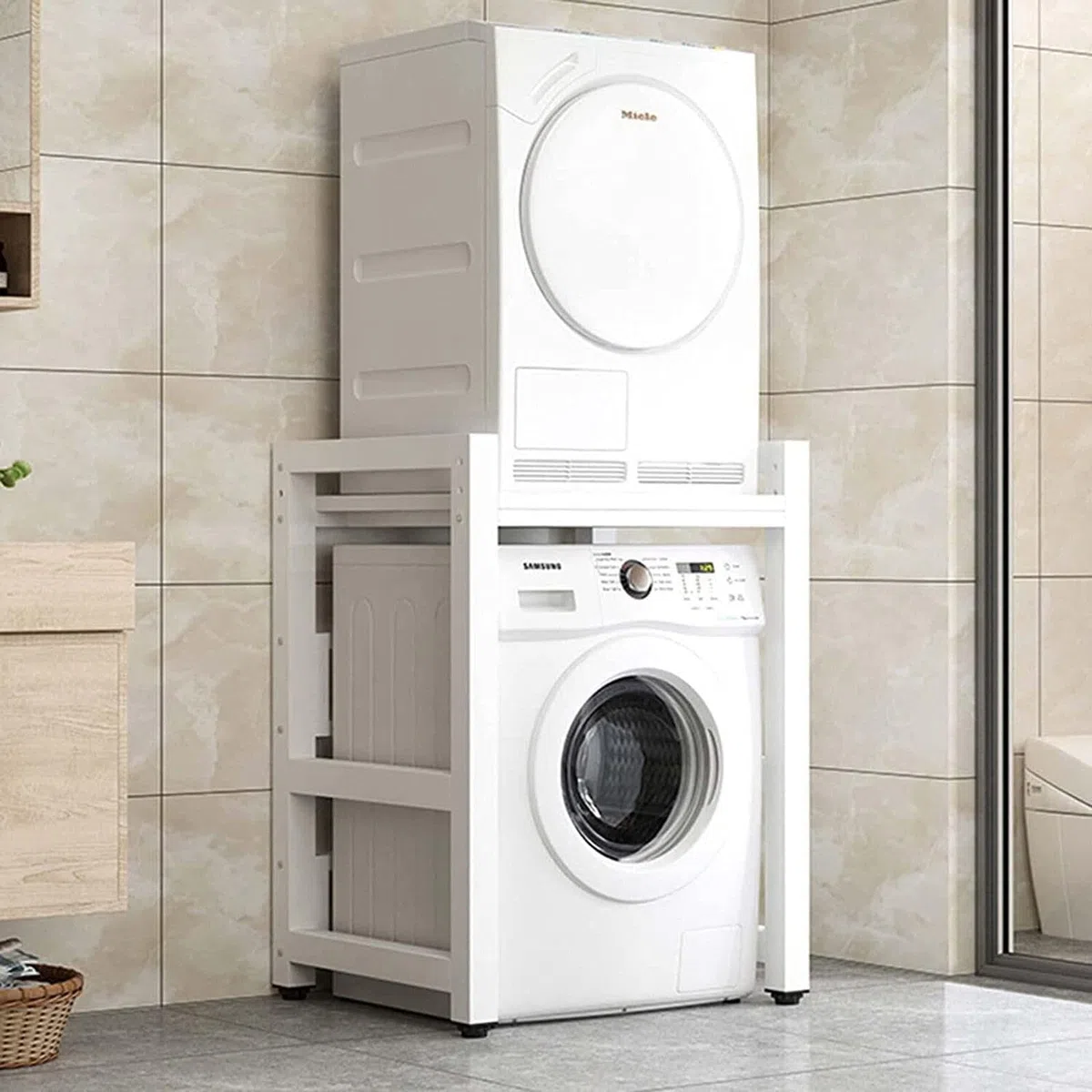 DELORM Lavatrice Scaffale Tamburo Lavastoviglie Ripiano di Stoccaggio Piano 2 Livelli Asciugatrice Superiore Impilabile Rack Adatto per Bagno, Cucina, Balcone, Lavanderia, capacità Portante 300kg