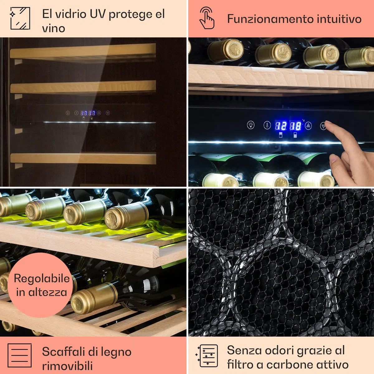 KLARSTEIN Cantinetta Vino Design da Incasso, Refrigerata a Zona Doppia per Vino Rosso, Bianco e Birra, Controlli Touch, Frigo per Esterno/Interno, 132L, 35 Bottiglie
