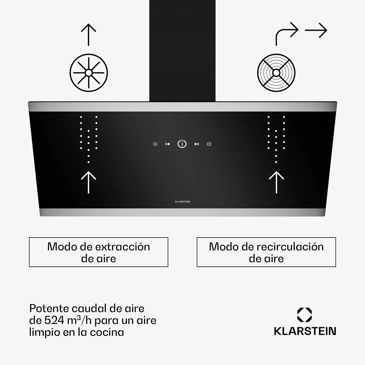 Klarstein FlashLine - Cappa da Cucina da 90cm, Cappa Inclinata, Touchscreen, 524 m³/ora, Efficienza Energetica A++, LED, Silenziosa: 34,5 dB, Nero, Scarico & Ricircolo