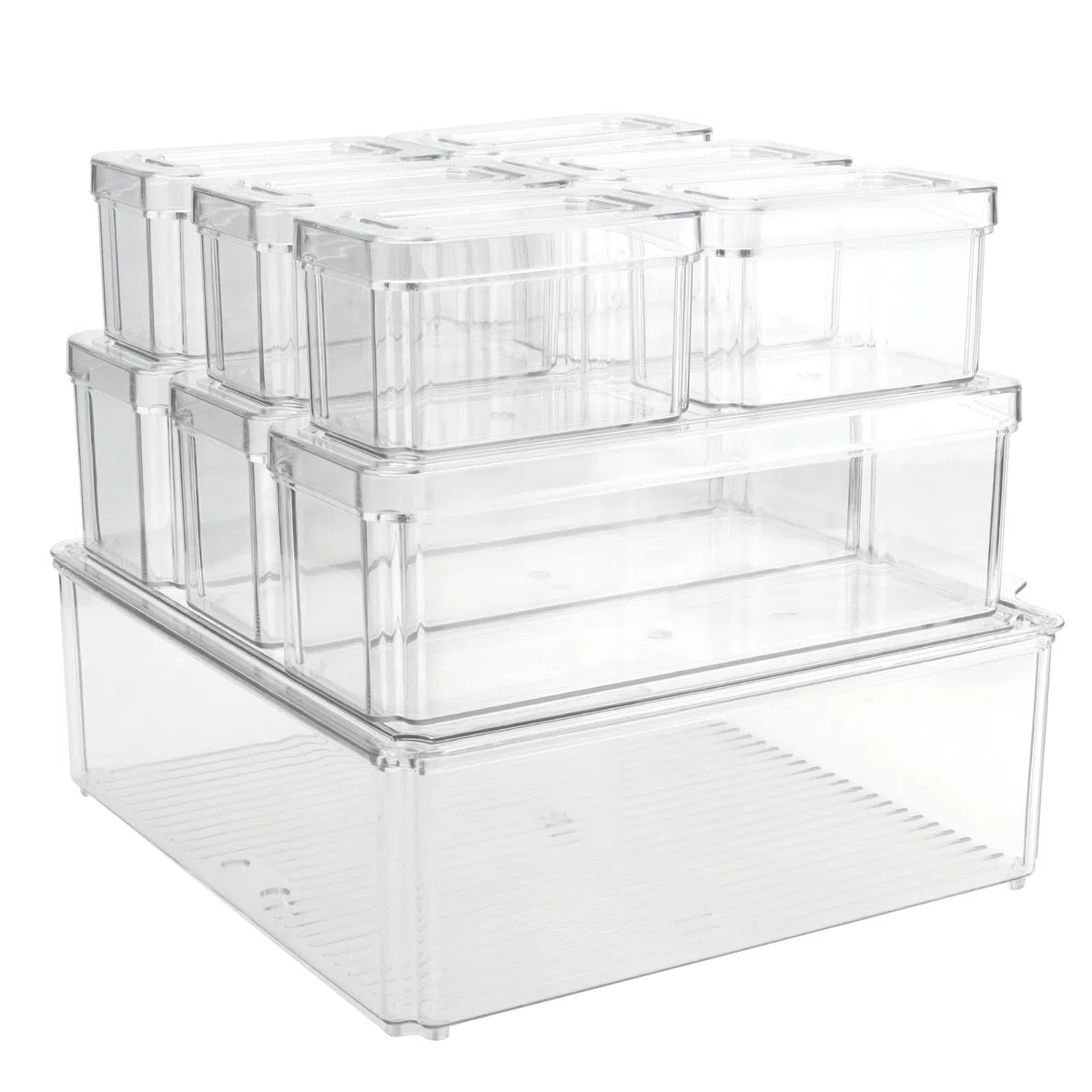 HAKZEON Confezione da 10 contenitori trasparenti per frigorifero con coperchi, scatole impilabili per frigorifero con fori di scarico, organizer in plastica per congelatore Set di contenitori per frig