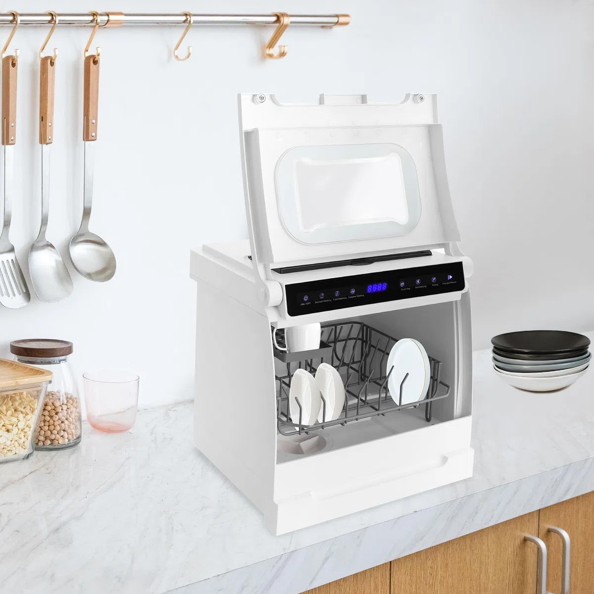 Mini Lavastoviglie da Tavolo, 5 programmi (Standard/Veloce/Intensivo/Frutta/Disinfezione), 4-6 Persone, Design Compatto 46x41x46cm, Per Piccole Case, Appartamenti