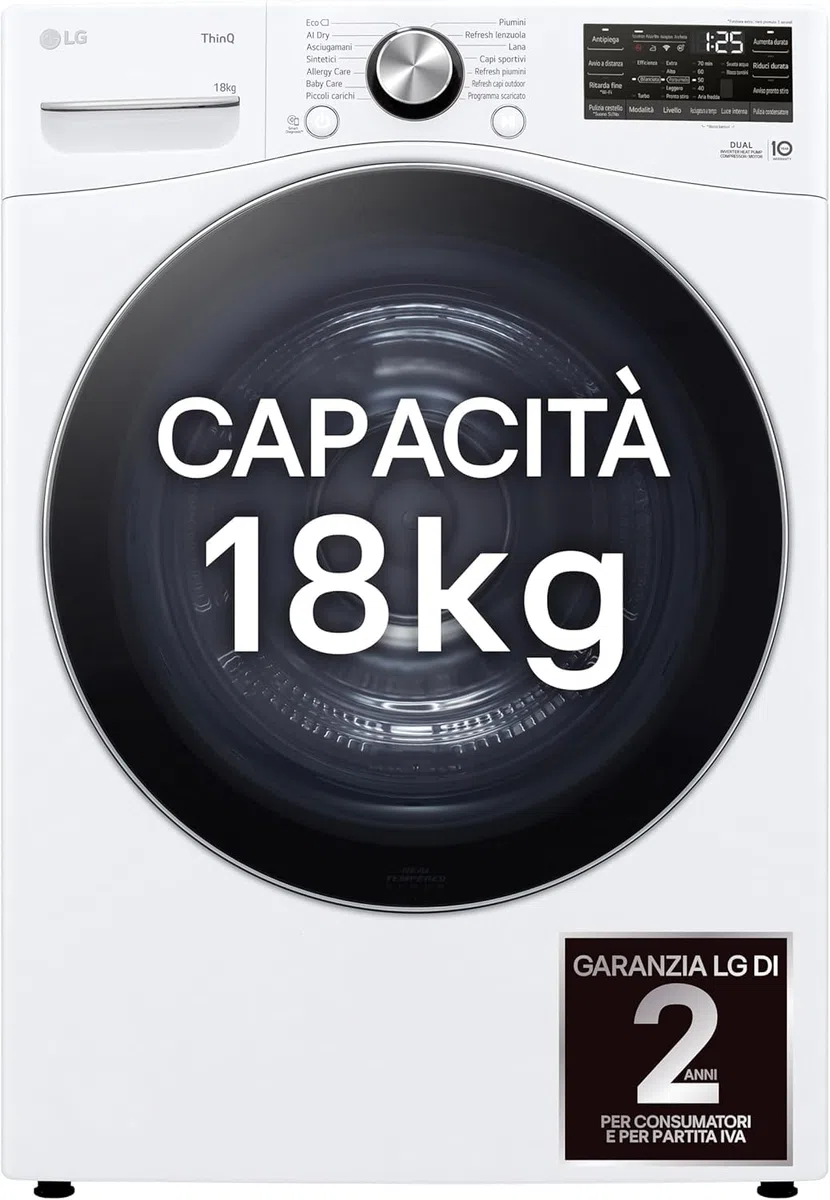 LG RH18U8AVCW Asciugatrice Smart 18kg, Classe A+++, Pompa di Calore DUAL Inverter, Motore Direct Drive, Intelligenza Artificiale AI Dry, Condensatore Autopulente, Wi-Fi, Serie U8, Bianca