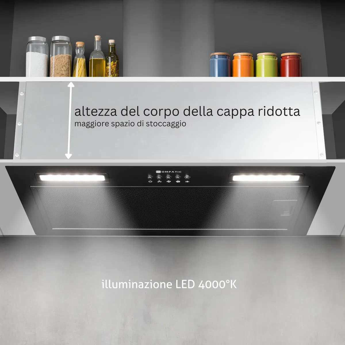 Lane 50 KLN50BI Cappa Aspirante Incasso, A+++, 50 cm, 450 m³/h, Filtri a Carbone Inclusi KCF4, Modalità Ricircolo o Estrazione, Controllo elettronico, Timer, LED, 3 velocità + boost,Nero