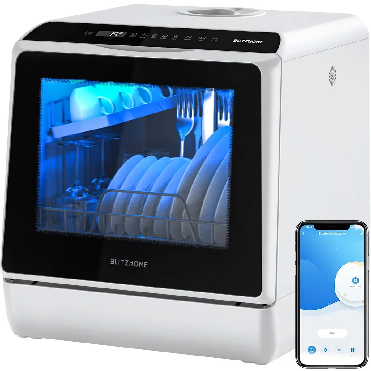 Mini lavastoviglie, BLITZHOME lavastoviglie portatile controllo tramite smart app, 6 programmi, da tavolo, con serbatoio dell'acqua da 5l, utilizzabile con/senza allacciamento idrico, asciugatura
