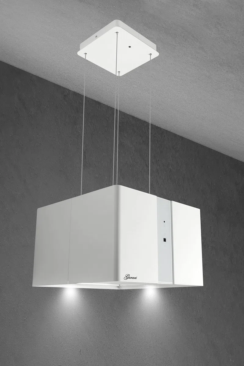 Cofano ad isola GURARI GCH I 331 45 WH PRIME, cofano ad isola a ricircolo 45 cm, cofano a soffitto, 1000m³/h, bianco, vetro bianco, 4 livelli, display, illuminazione LED