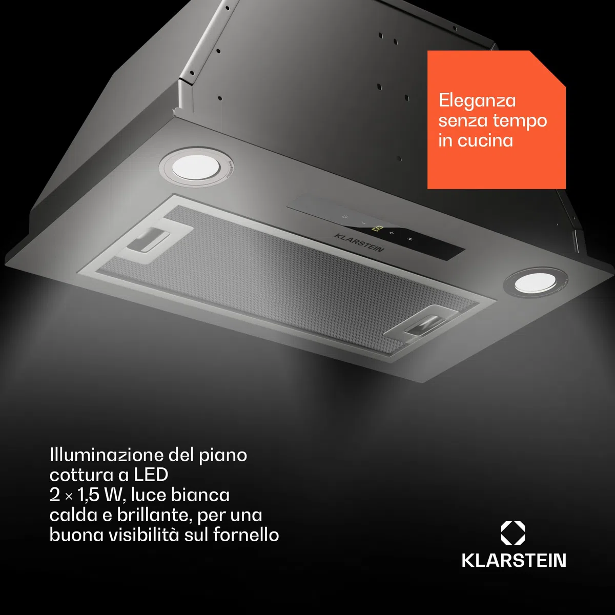 KLARSTEIN Paolo - Cappa da cucina a incasso, cappa sottopensile, 600 m³/h, 200W, filtro antigrasso in alluminio, LED integrato, touch, acciaio inox (Acciaio inox, 52 cm)