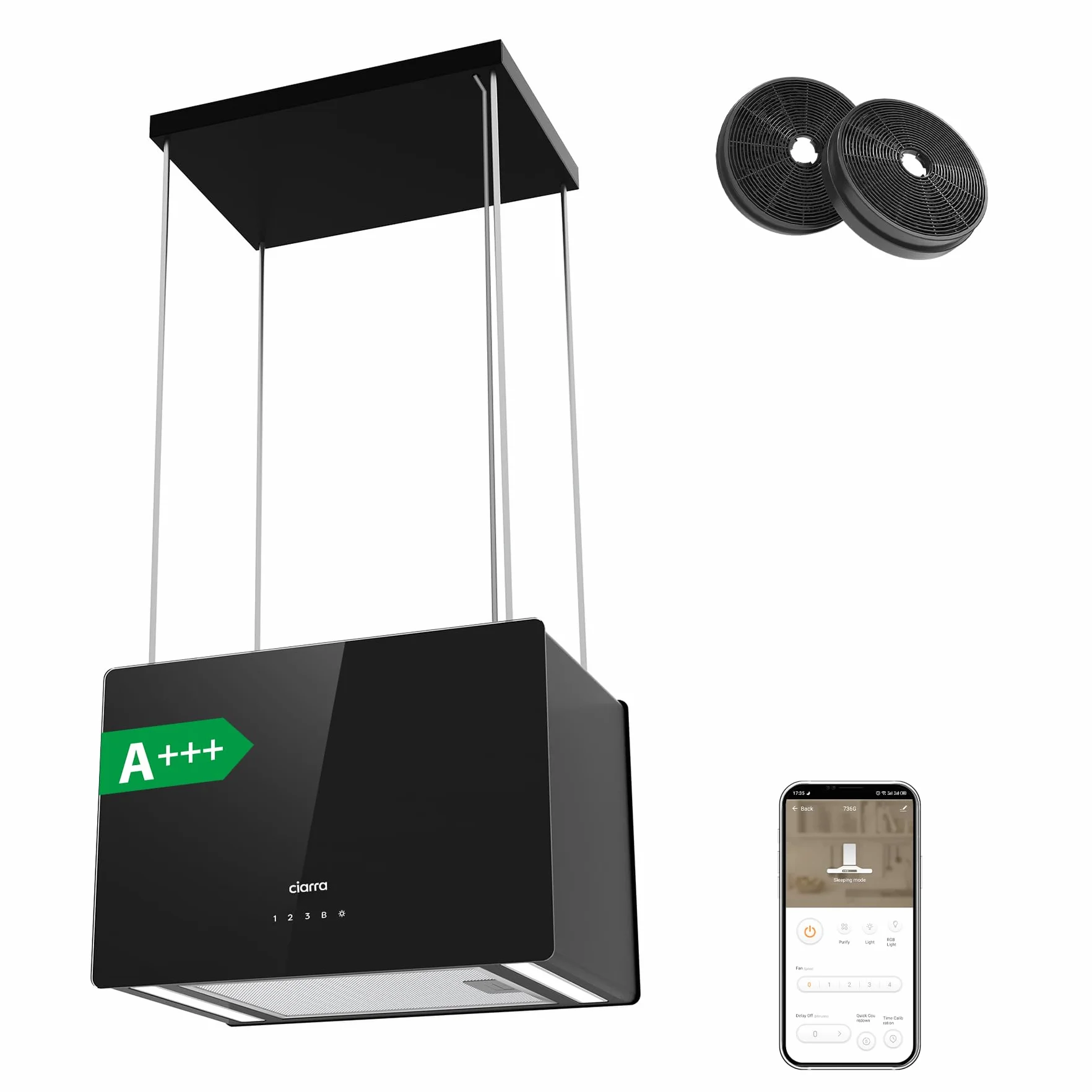CIARRA CBCB4850 Classe A+++ Cappa a Isola 48 cm 700m³/h Smart WiFi Controllo App 4 Livelli Booster Cappa Aspirante Isola Nero on Filtro a Carbone CBCF003