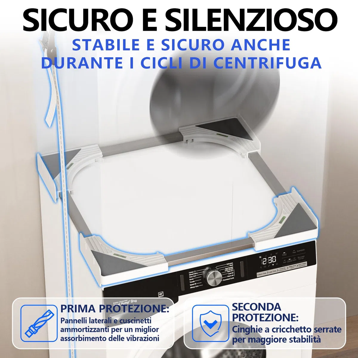 Slimline - Kit impilabile per lavatrice e asciugatrice, telaio universale per elettrodomestici da 45-68 cm, design salvaspazio con cinghia a cricchetto e 4 ganci multifunzione (bianco)