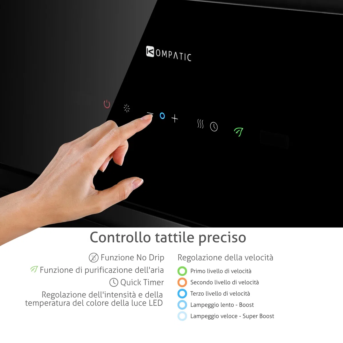Cappa Aspirante da Incasso Kompatic Yara 60 KPYR60BIB, 60 cm, 800 m³/h, Classe A+, Gesture e Touch, Telecomando, No Drip, LED Regolabile, Nero